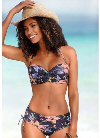 Lascana gebloemde strapless bandeau bikinitop donkergrijs/blauw/roze