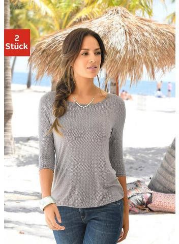 Lascana Shirt met 3/4 mouwen met modieuze cut out in de nek(Set van 2 )
