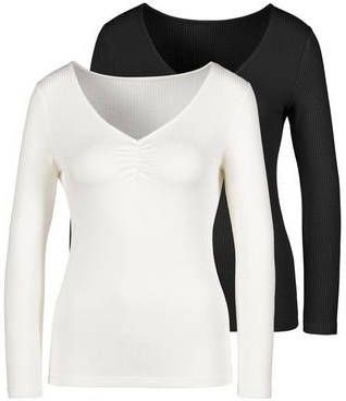 Lascana Shirt met lange mouwen Ribshirt met een v hals en kleine plooi(Set van 2 )