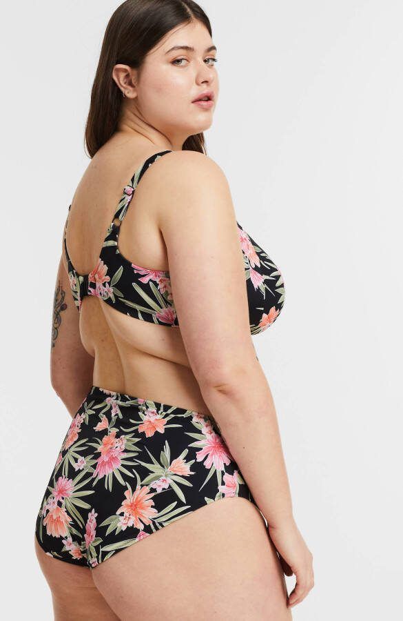 Elomi +size gebloemde beugel bikinitop Dark Tropics zwart/koraal/groen