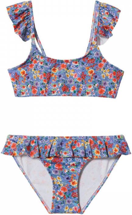 Mango Kids gebloemde bikini met ruches blauw/rood