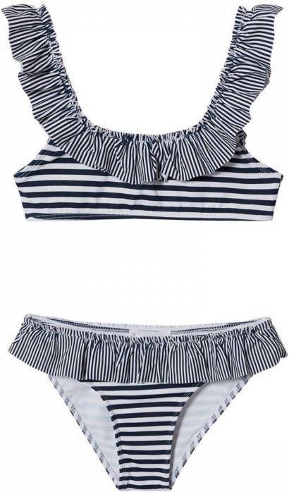 Mango Kids gestreepte bikini met ruches donkerblauw/wit